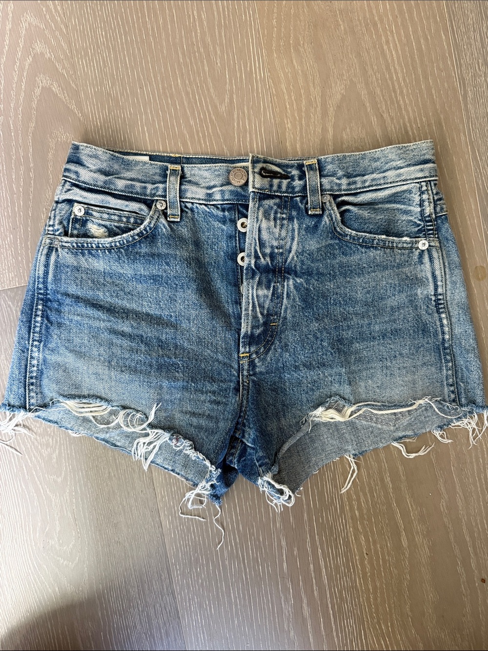 AMO Distressed Button-Fly Denim Shorts loverboy cutoff- Light Blue Wash size 25